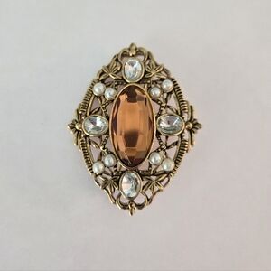 VINTAGE AVON FILIGREE FANTASY PIN PENDANT AMBER PEARLS CRYSTALS 1995